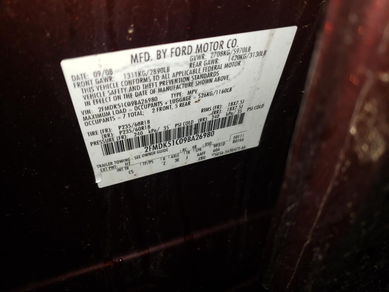 Photo 10 from auction – 2009 FORD FLEX SE with VIN 2FMDK51C09BA26980