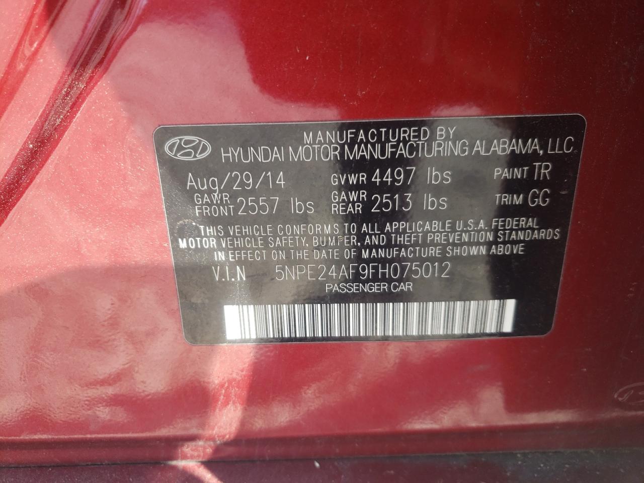 Photo 10 from auction – 2015 HYUNDAI SONATA SE with VIN 5NPE24AF9FH075012