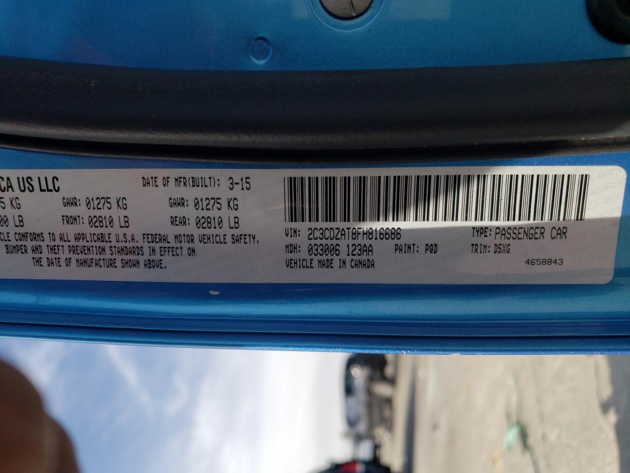 Photo 10 from auction – 2015 DODGE CHALLENGER with VIN 2C3CDZAT8FH816686