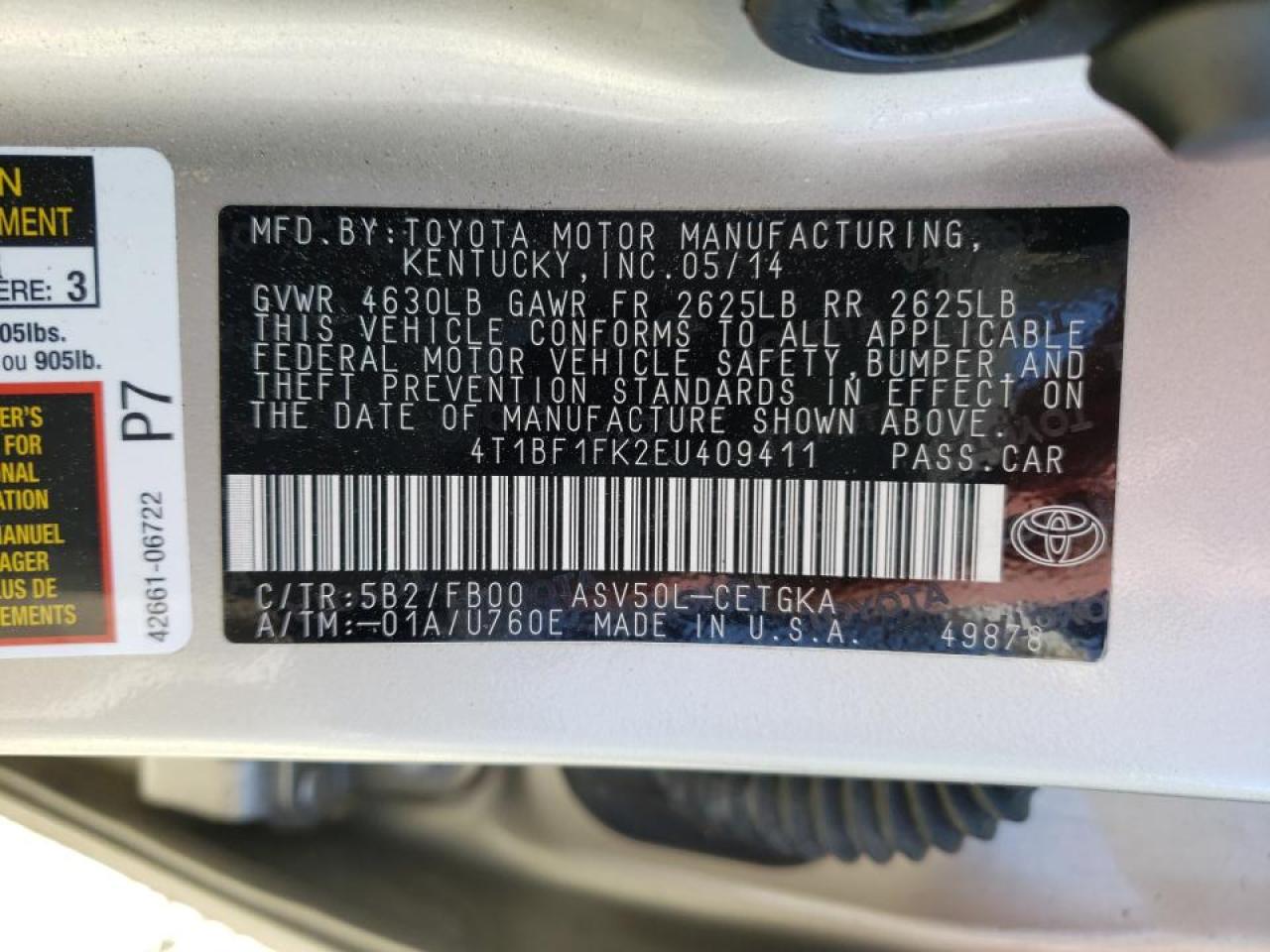 Photo 10 from auction – 2014 TOYOTA CAMRY L with VIN 4T1BF1FK2EU409411