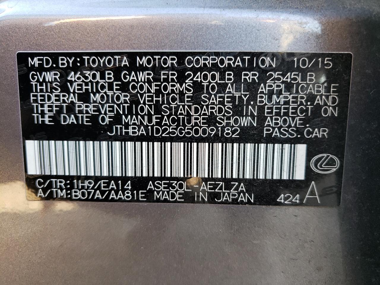Photo 10 from auction – 2016 LEXUS IS 200T with VIN JTHBA1D25G5009182
