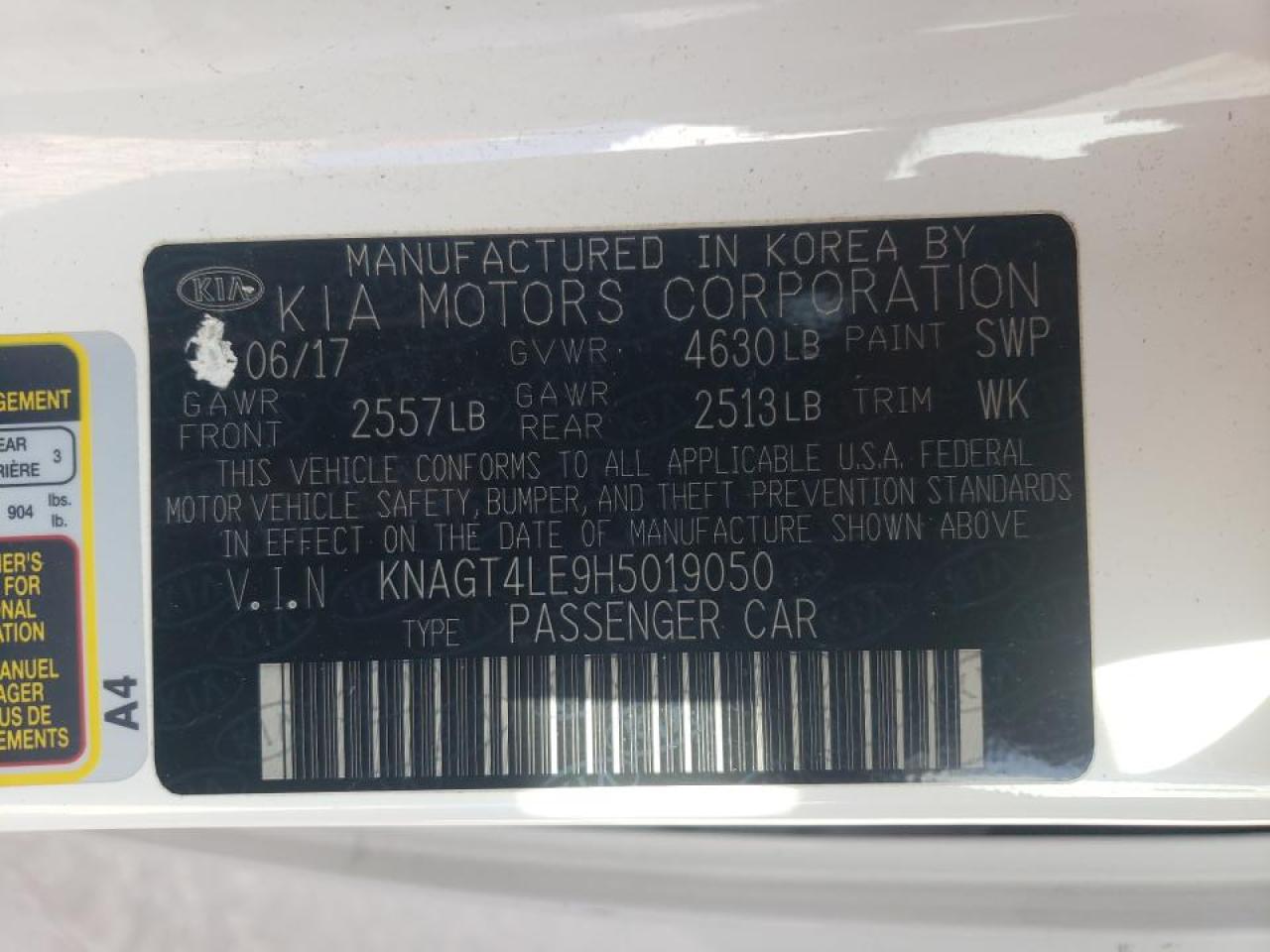 Photo 10 from auction – 2017 KIA OPTIMA HYB with VIN KNAGT4LE9H5019050
