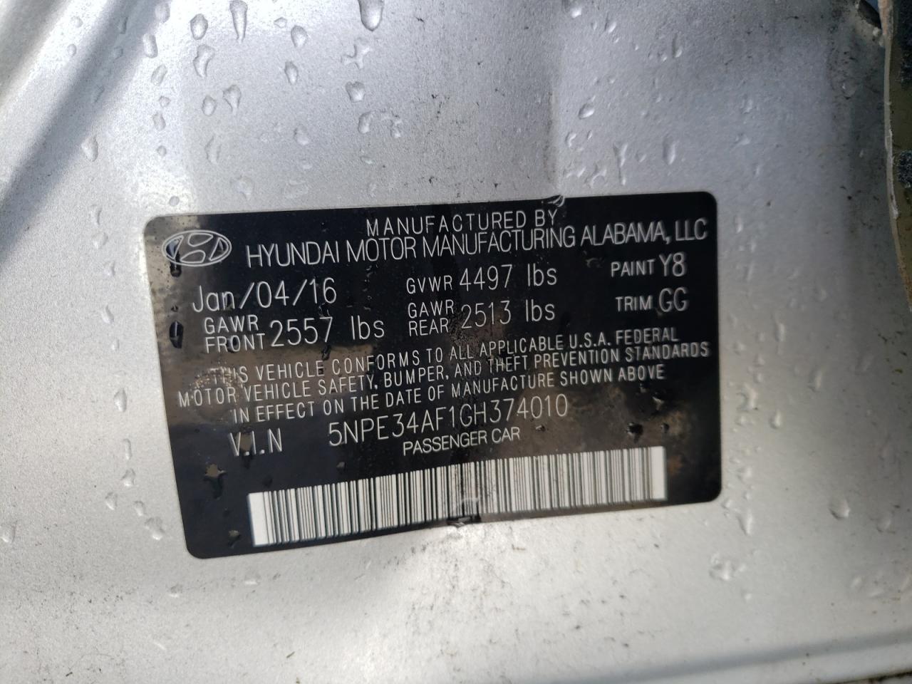 Photo 10 from auction – 2016 HYUNDAI SONATA with VIN 5NPE34AF1GH374010