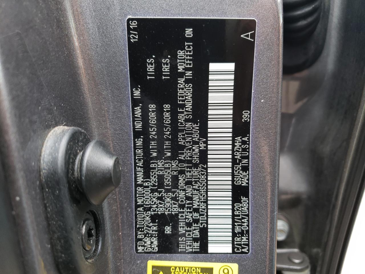 Photo 10 from auction – 2017 TOYOTA HIGHLANDER with VIN 5TDJZRFH5HS508372