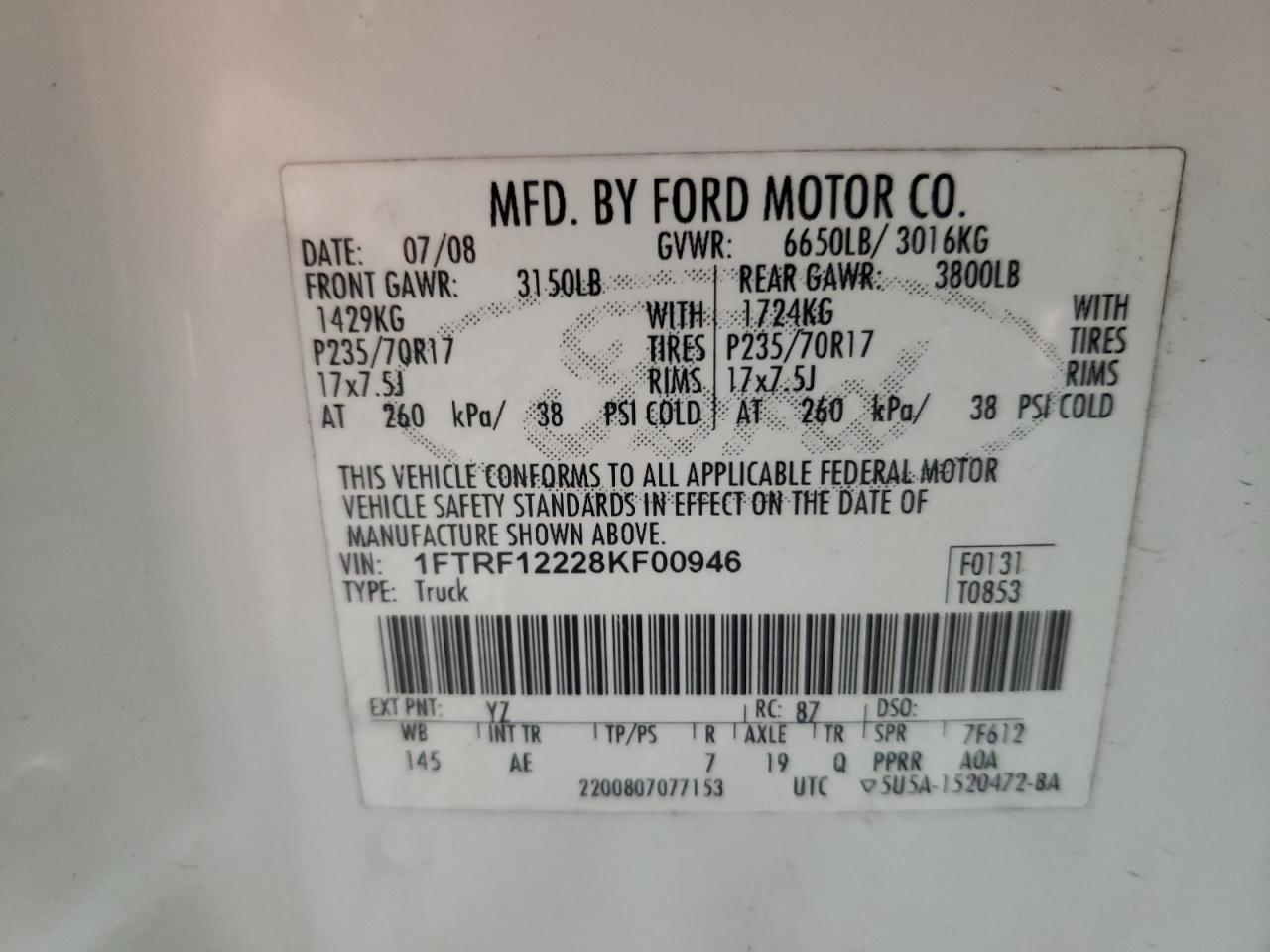 Photo 10 from auction – 2008 FORD F150 with VIN 1FTRF12228KF00946