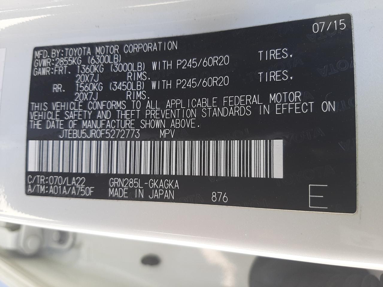 Photo 10 from auction – 2015 TOYOTA 4RUNNER SR with VIN JTEBU5JR0F5272773