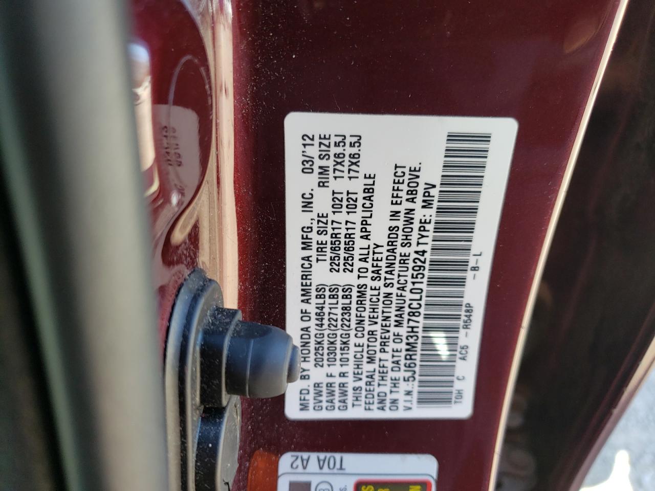 Photo 10 from auction – 2012 HONDA CR-V EXL with VIN 5J6RM3H78CL015924