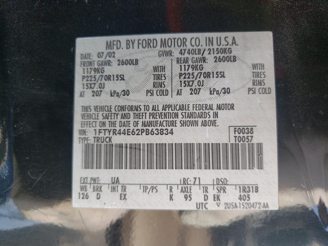 Photo 10 from auction – 2002 FORD RANGER SUP with VIN 1FTYR44E62PB63834