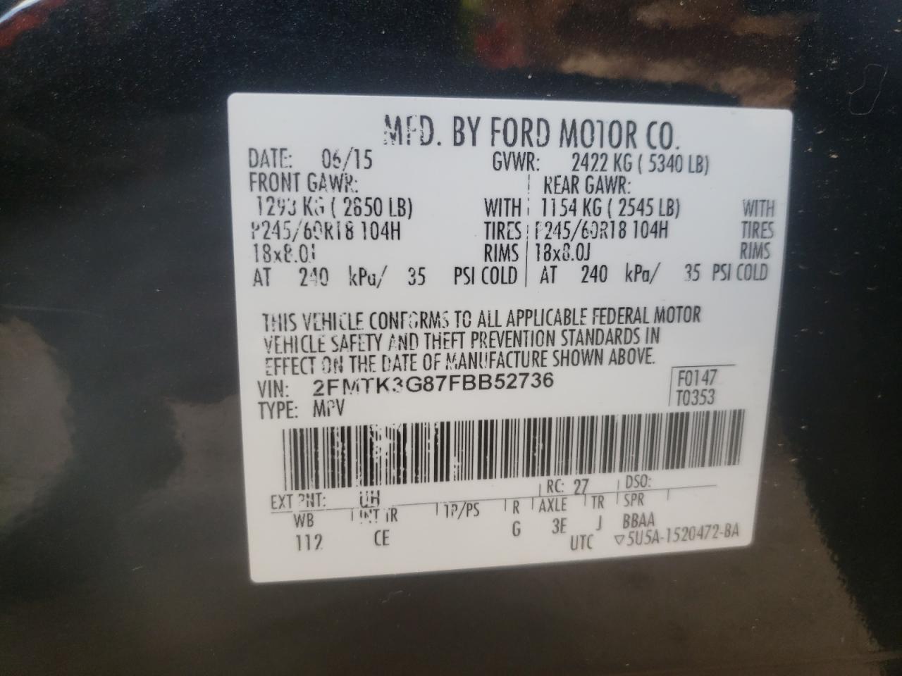 Photo 10 from auction – 2015 FORD EDGE SE with VIN 2FMTK3G87FBB52736