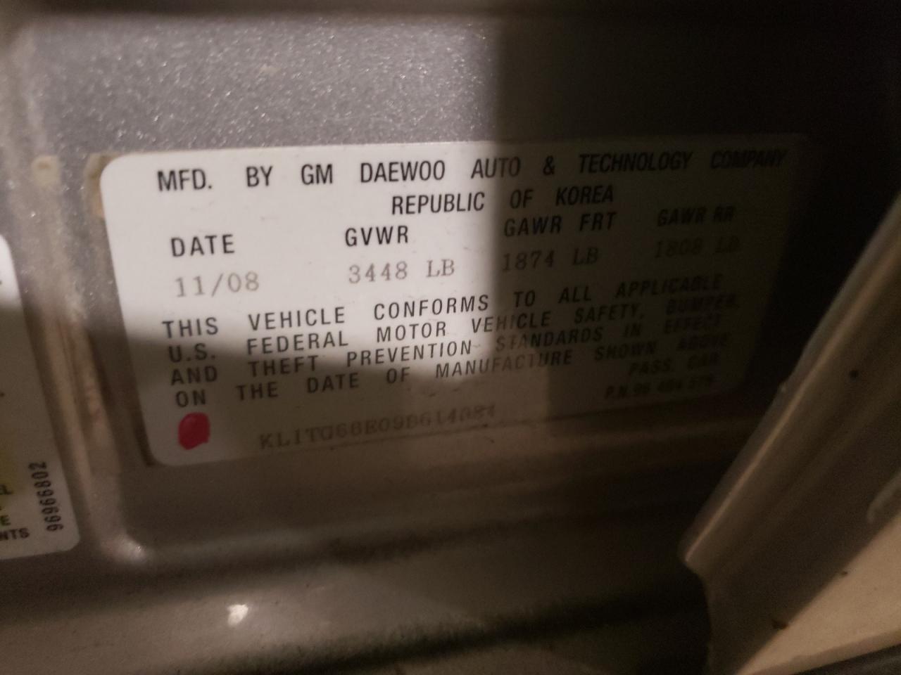 Photo 10 from auction – 2009 CHEVROLET AVEO LT with VIN KL1TG66E09B614084