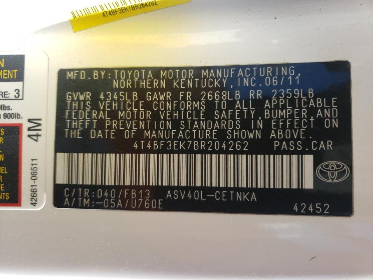 Photo 10 from auction – 2011 TOYOTA CAMRY BASE with VIN 4T4BF3EK7BR204262