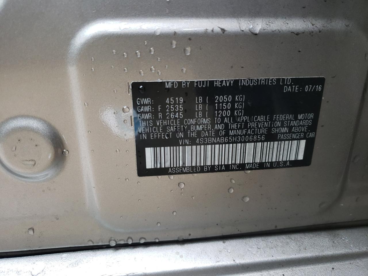 Photo 10 from auction – 2017 SUBARU LEGACY 2.5 with VIN 4S3BNAB65H3006856