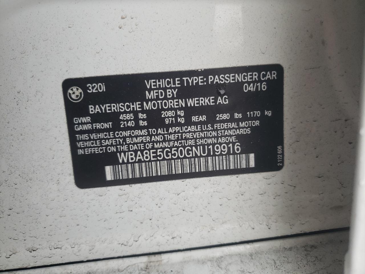 Photo 10 from auction – 2016 BMW 320 XI with VIN WBA8E5G50GNU19916