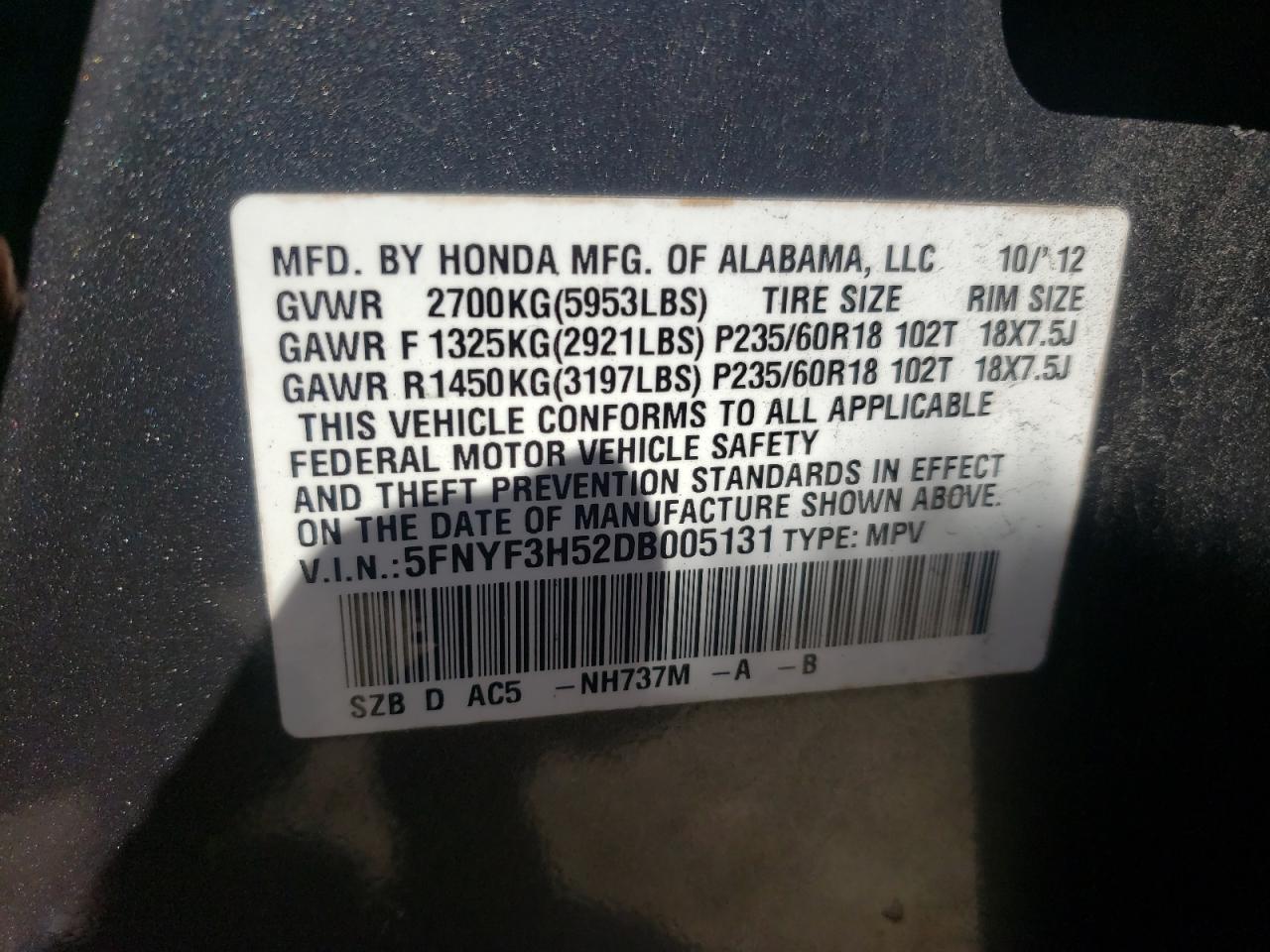 Photo 10 from auction – 2013 HONDA PILOT EXL with VIN 5FNYF3H52DB005131