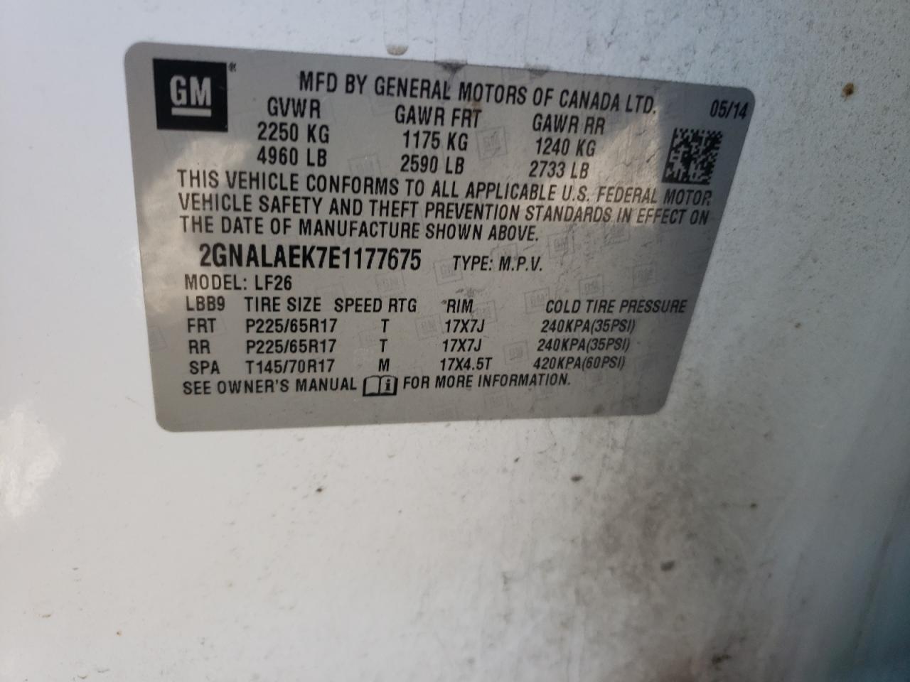 Photo 10 from auction – 2014 CHEVROLET EQUINOX LS with VIN 2GNALAEK7E1177675