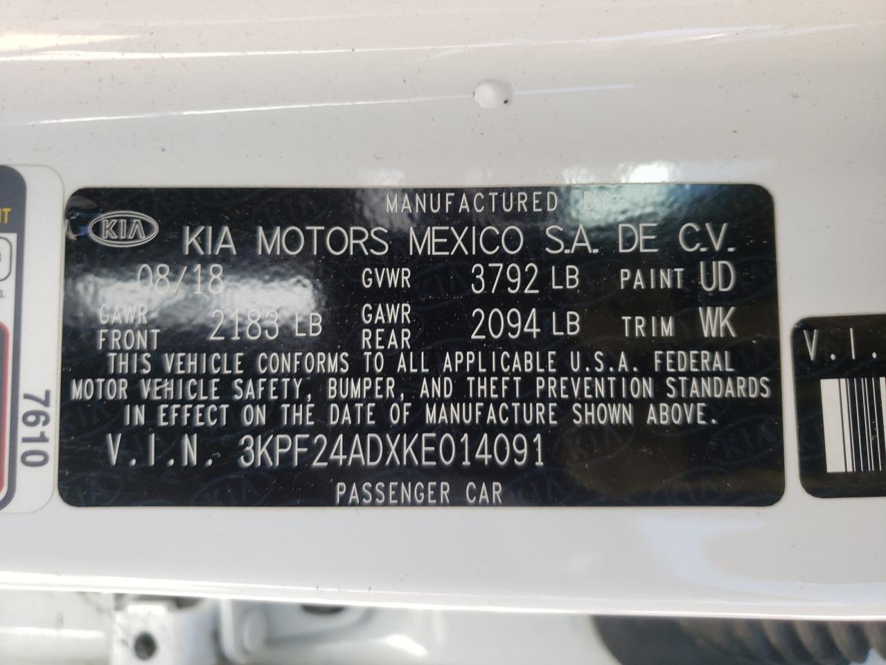 Photo 10 from auction – 2019 KIA FORTE FE with VIN 3KPF24ADXKE014091
