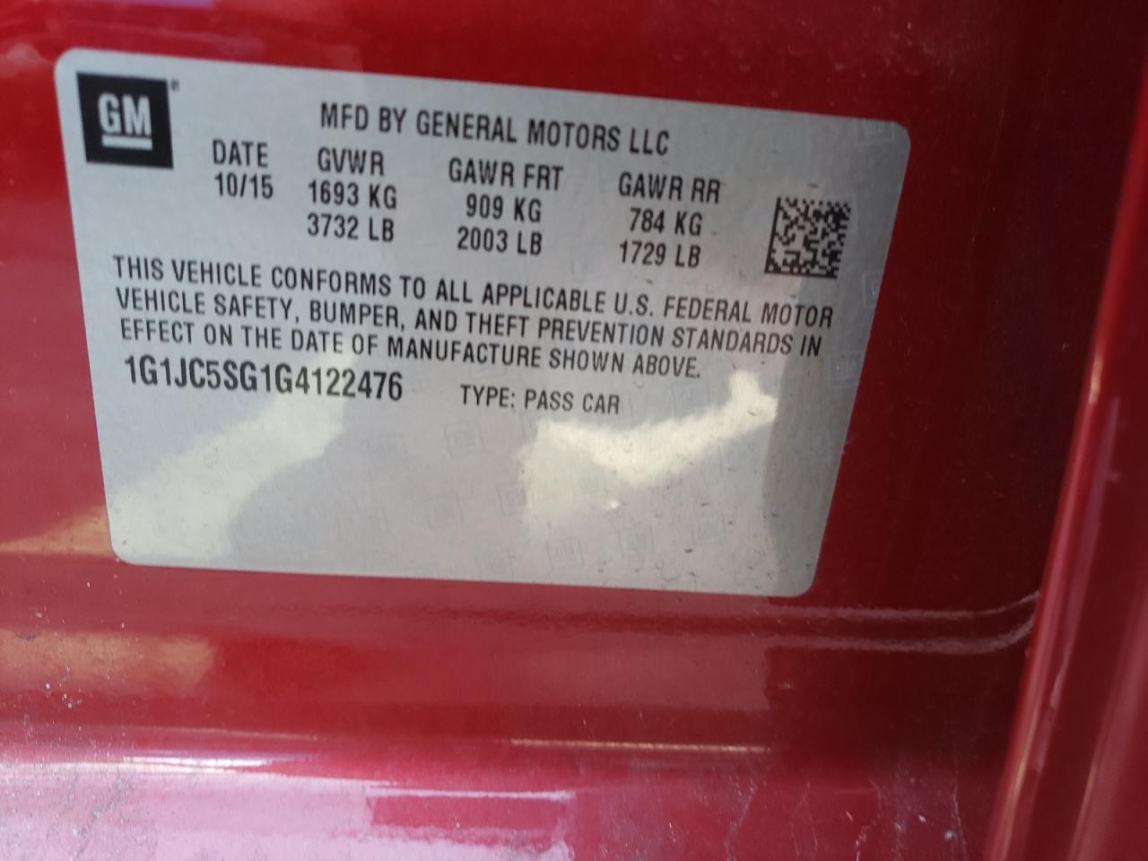 Photo 10 from auction – 2016 CHEVROLET SONIC LT with VIN 1G1JC5SG1G4122476