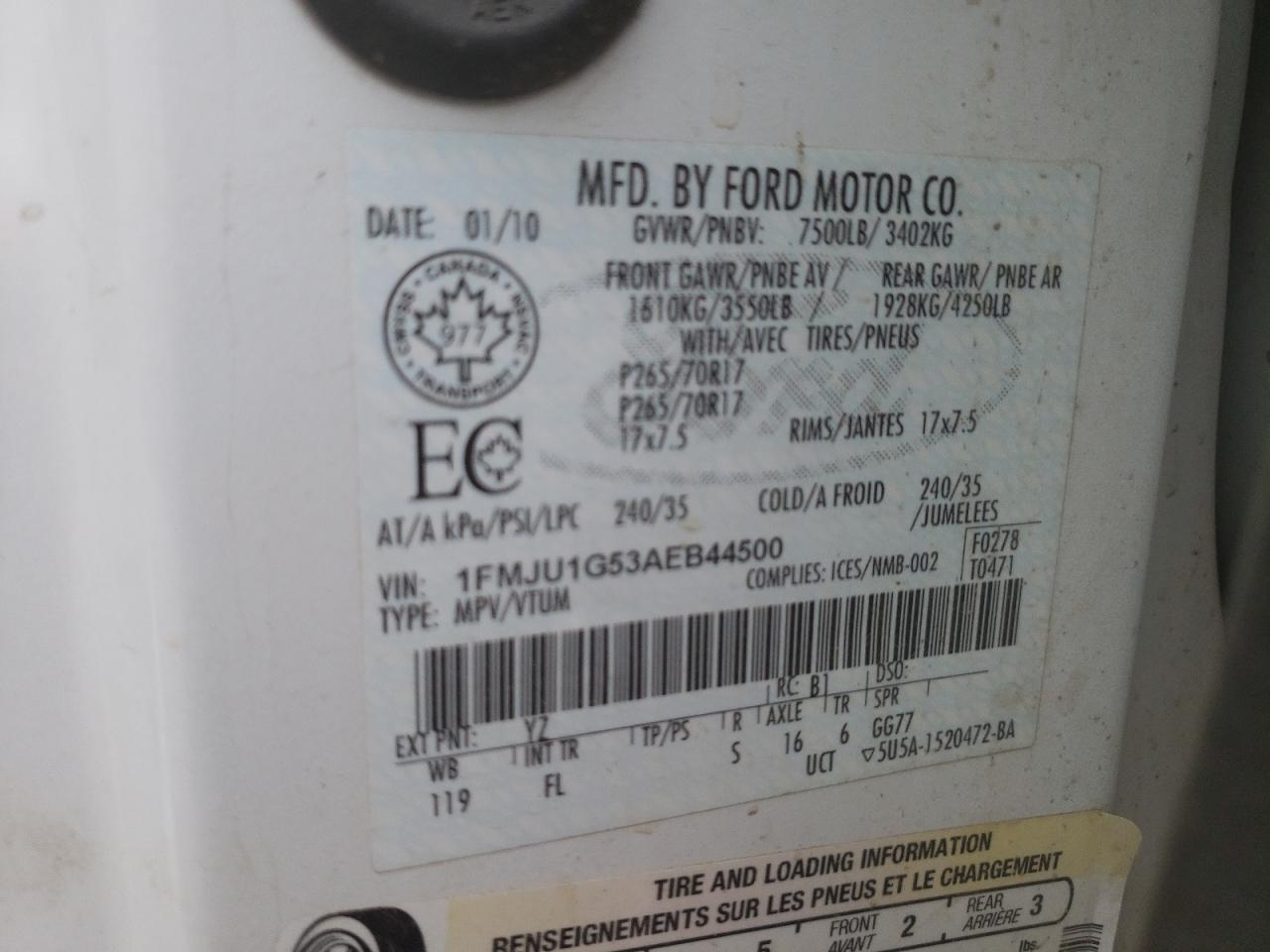 Zdjęcie 10 z aukcji – 2010 FORD EXPEDITION z VIN 1FMJU1G53AEB44500