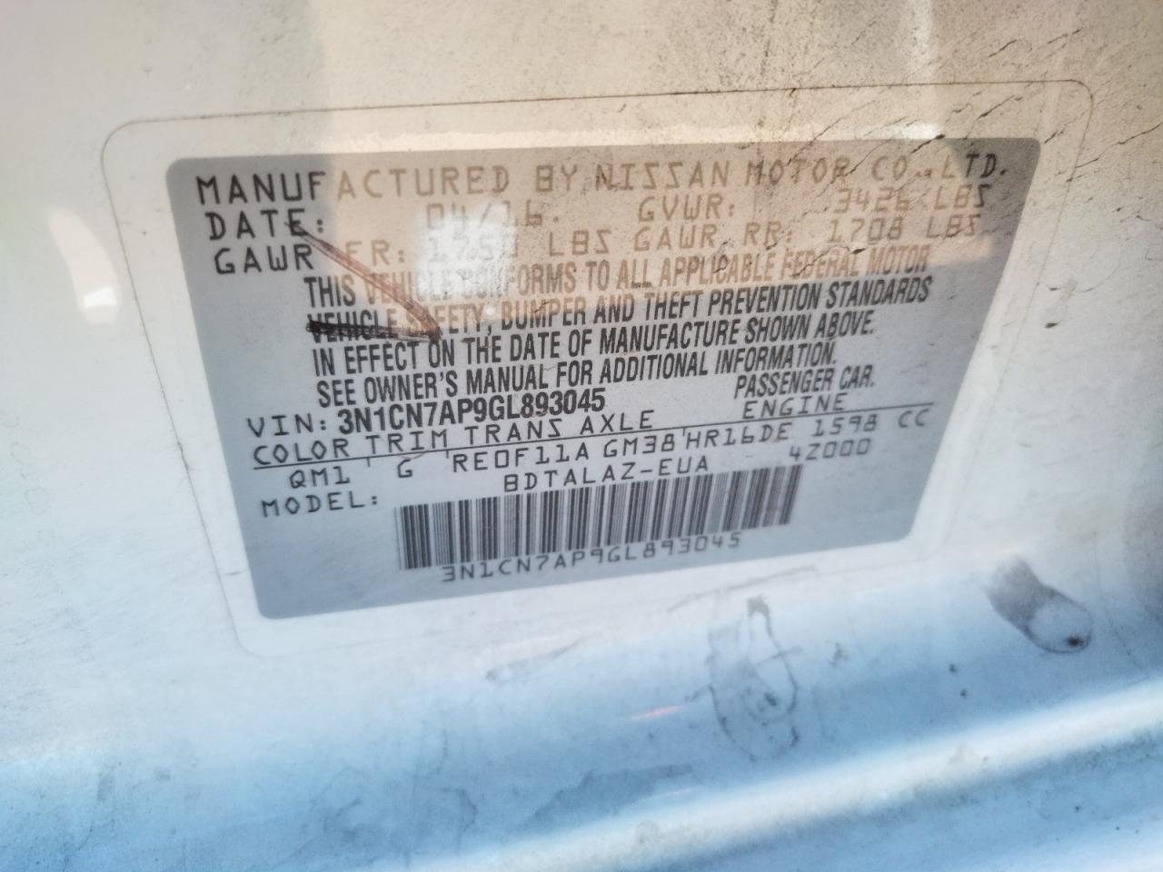 Photo 10 from auction – 2016 NISSAN VERSA with VIN 3N1CN7AP9GL893045