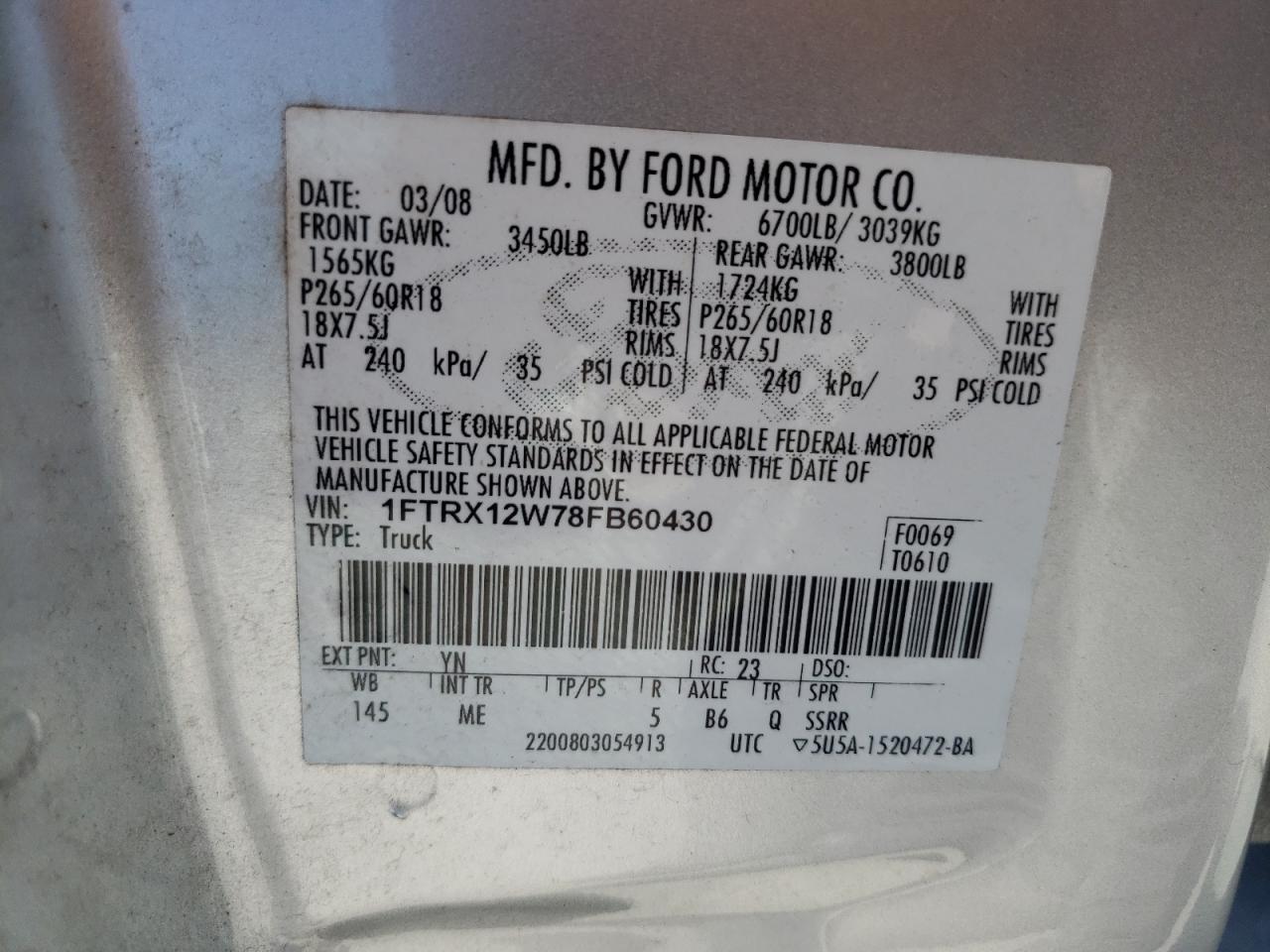 Photo 10 from auction – 2008 FORD F150 with VIN 1FTRX12W78FB60430