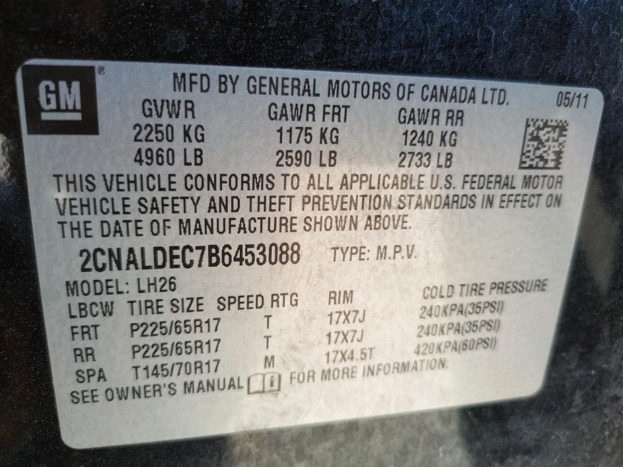 Photo 10 from auction – 2011 CHEVROLET EQUINOX LT with VIN 2CNALDEC7B6453088