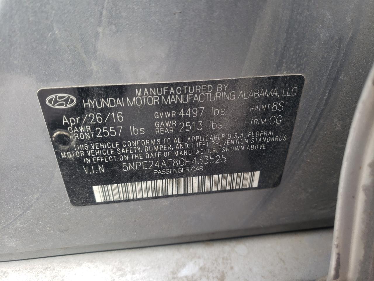 Photo 10 from auction – 2016 HYUNDAI SONATA SE with VIN 5NPE24AF8GH433525