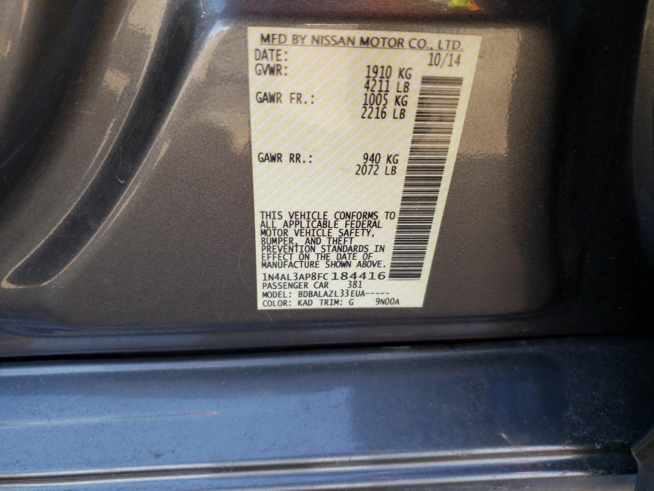 Photo 10 from auction – 2015 NISSAN ALTIMA 2.5 with VIN 1N4AL3AP8FC184416