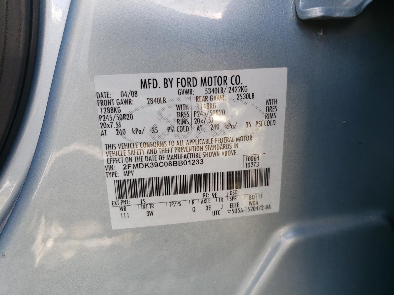 Photo 10 from auction – 2008 FORD EDGE LIMIT with VIN 2FMDK39C08BB01233