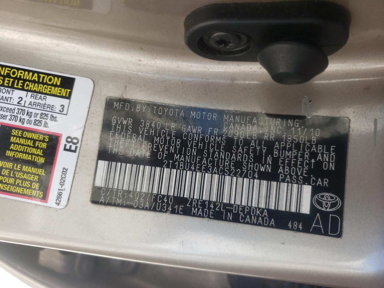 Photo 10 from auction – 2010 TOYOTA CORROLLA with VIN 2T1BU4EE3AC522704