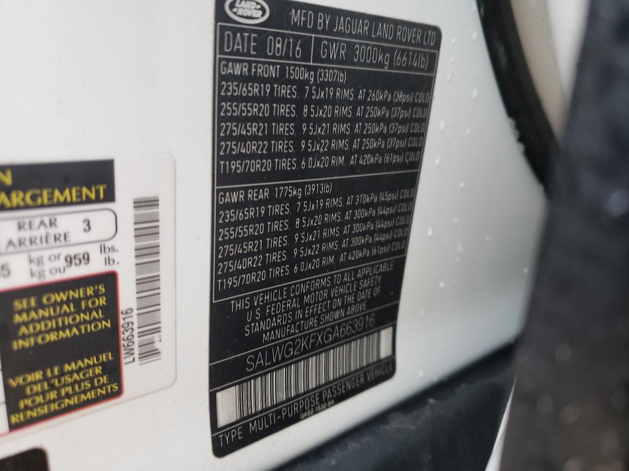 Photo 10 from auction – 2016 LAND ROVER RANGE ROVE with VIN SALWG2KFXGA663916