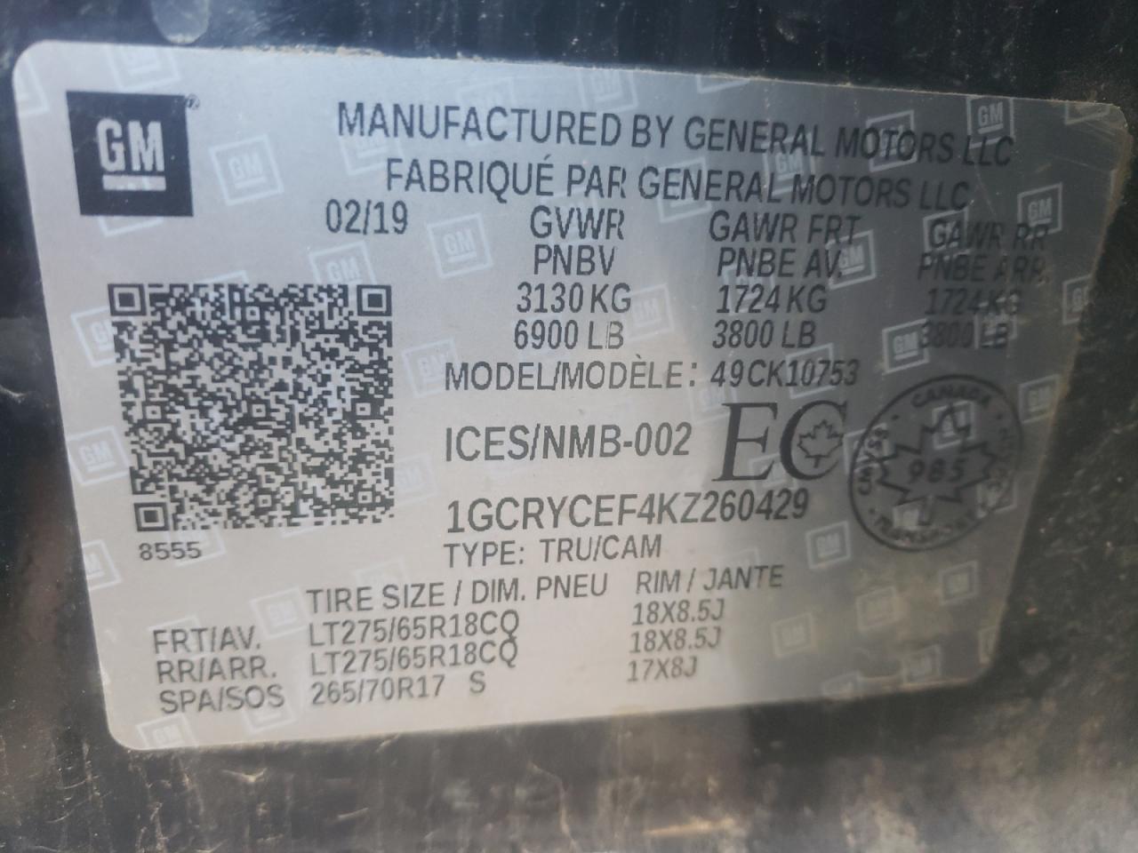 Photo 10 from auction – 2019 CHEVROLET SILVERADO with VIN 1GCRYCEF4KZ260429