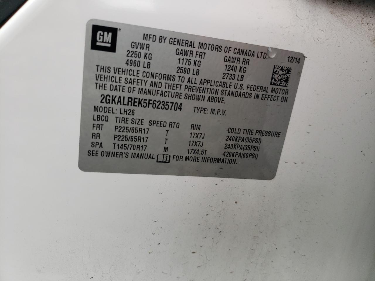 Photo 10 from auction – 2015 GMC TERRAIN SL with VIN 2GKALREK5F6235704