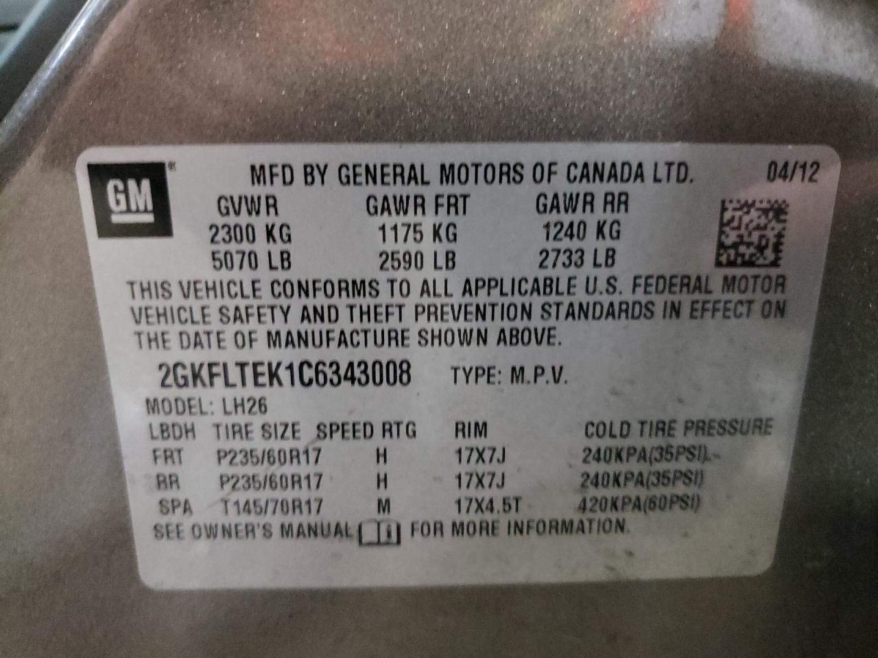 Photo 10 from auction – 2012 GMC TERRAIN SL with VIN 2GKFLTEK1C6343008