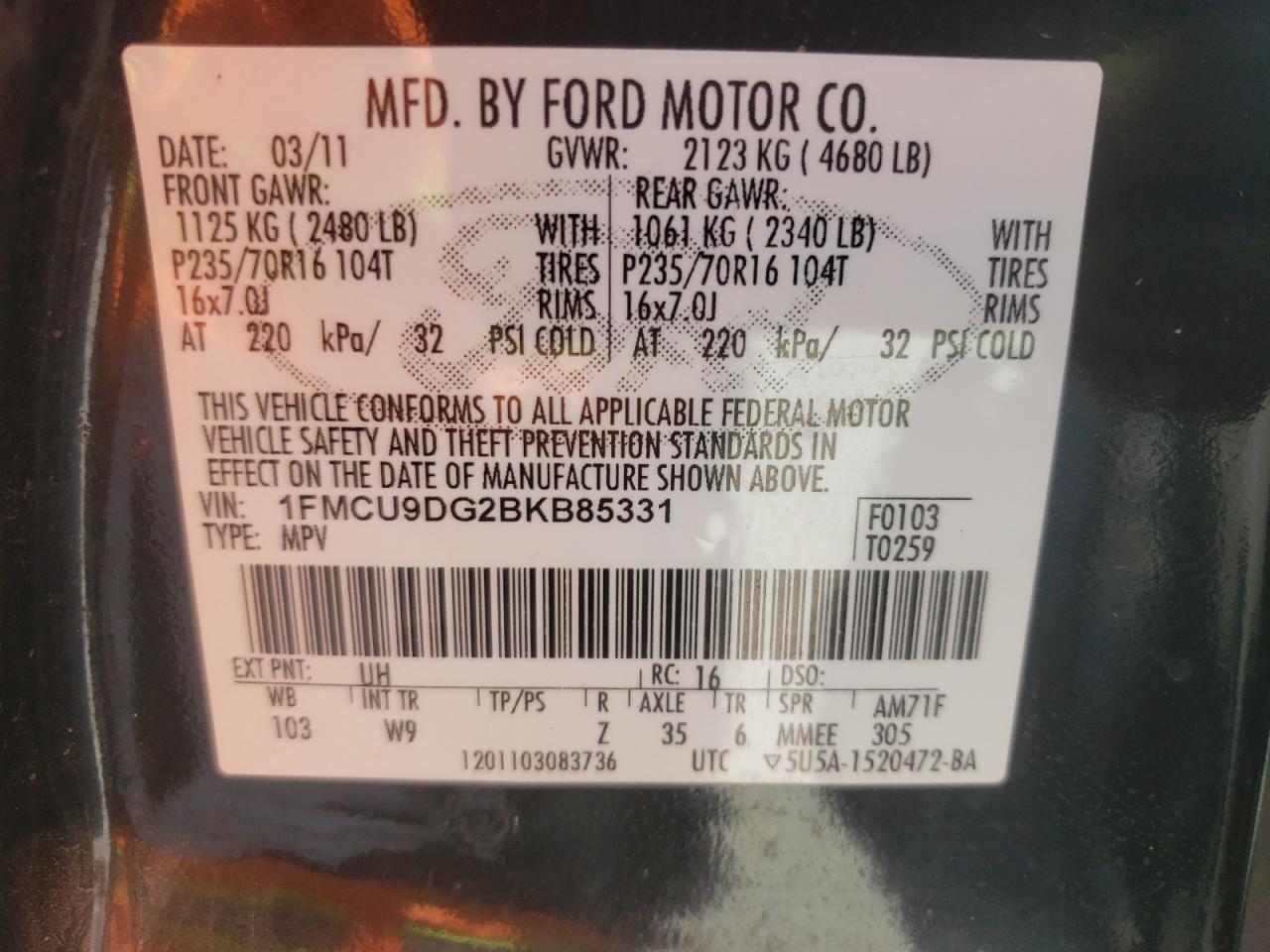 Photo 10 from auction – 2011 FORD ESCAPE XLT with VIN 1FMCU9DG2BKB85331