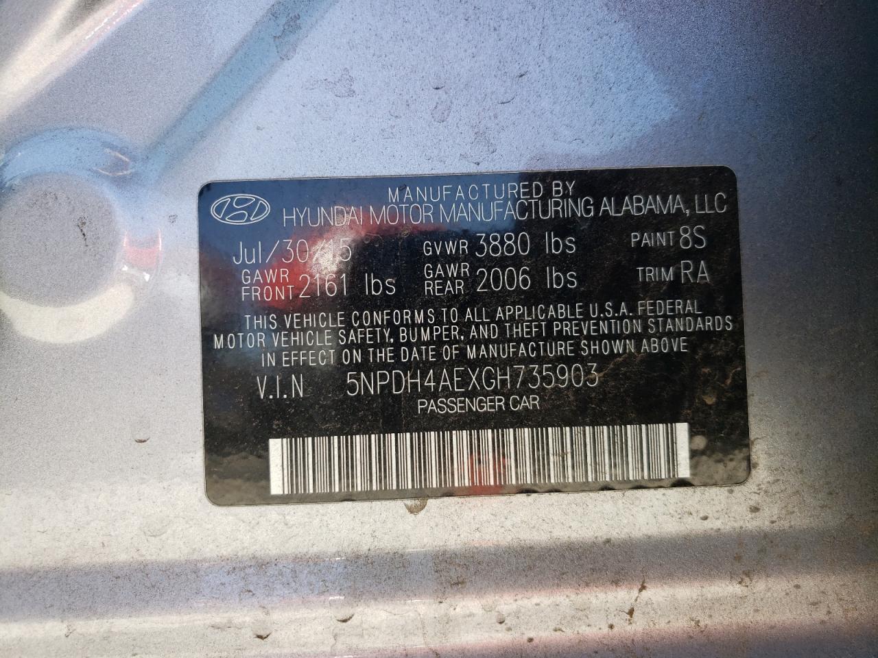 Photo 10 from auction – 2016 HYUNDAI ELANTRA SE with VIN 5NPDH4AEXGH735903