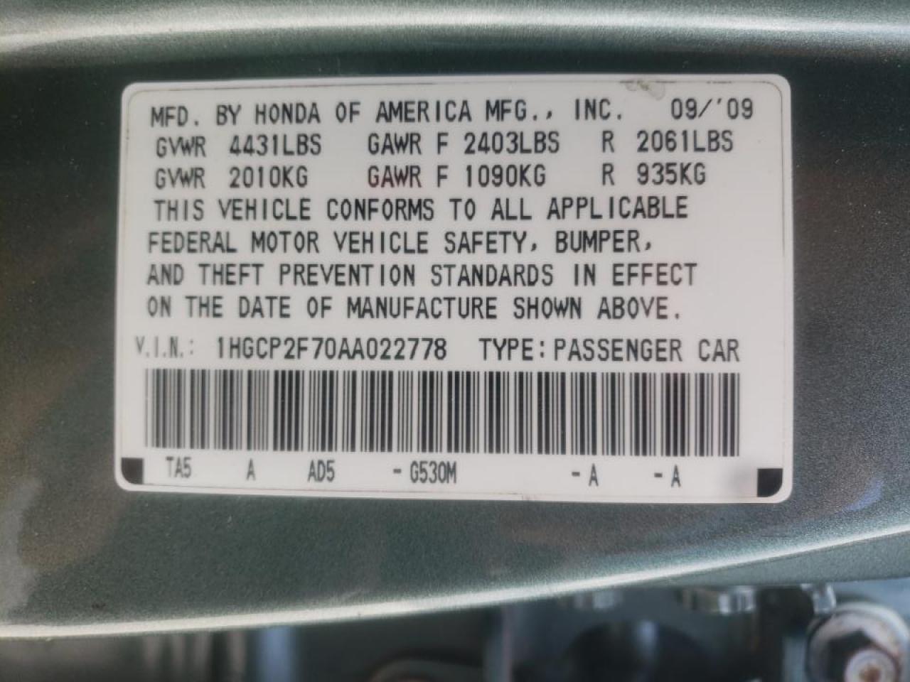 Photo 10 from auction – 2010 HONDA ACCORD EX with VIN 1HGCP2F70AA022778