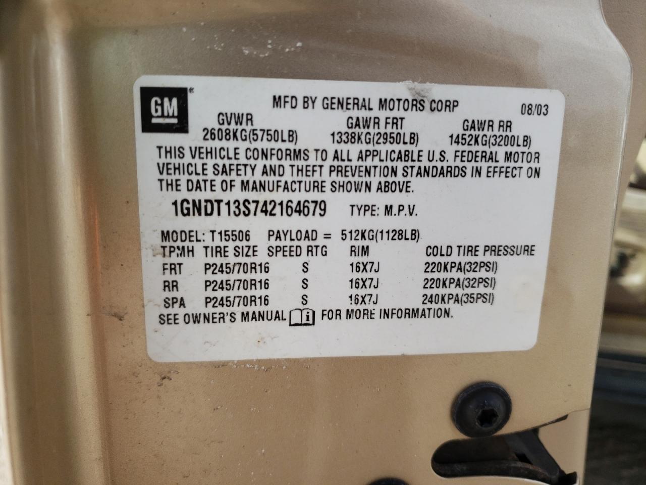 Photo 10 from auction – 2004 CHEVROLET TRAILBLAZE with VIN 1GNDT13S742164679