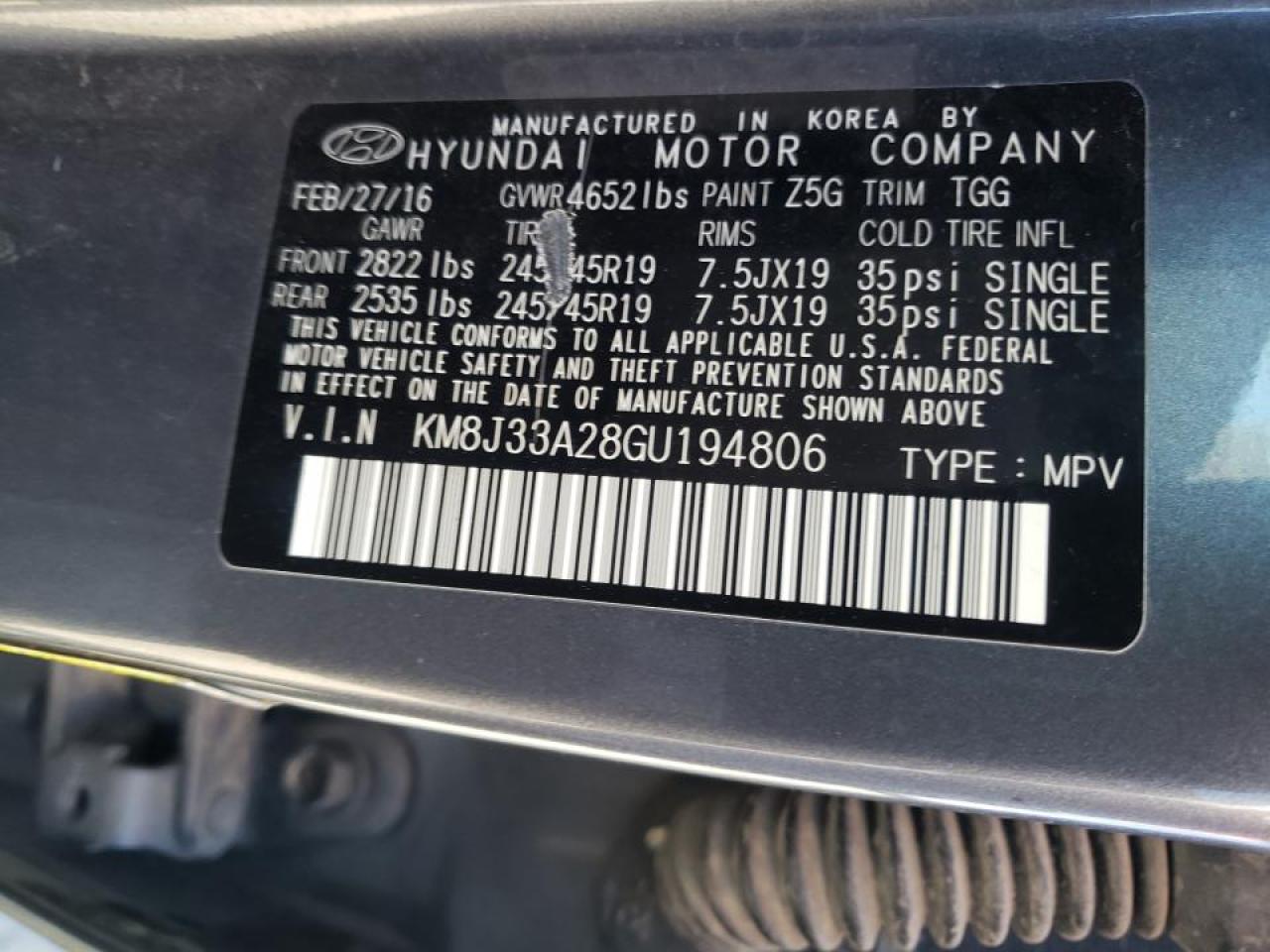 Photo 10 from auction – 2016 HYUNDAI TUCSON LIM with VIN KM8J33A28GU194806