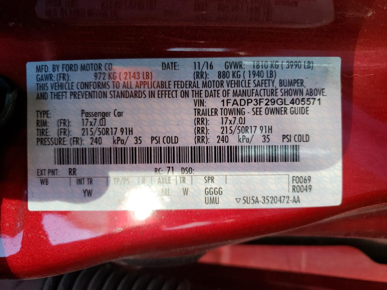 Photo 10 from auction – 2016 FORD FOCUS SE with VIN 1FADP3F29GL405571