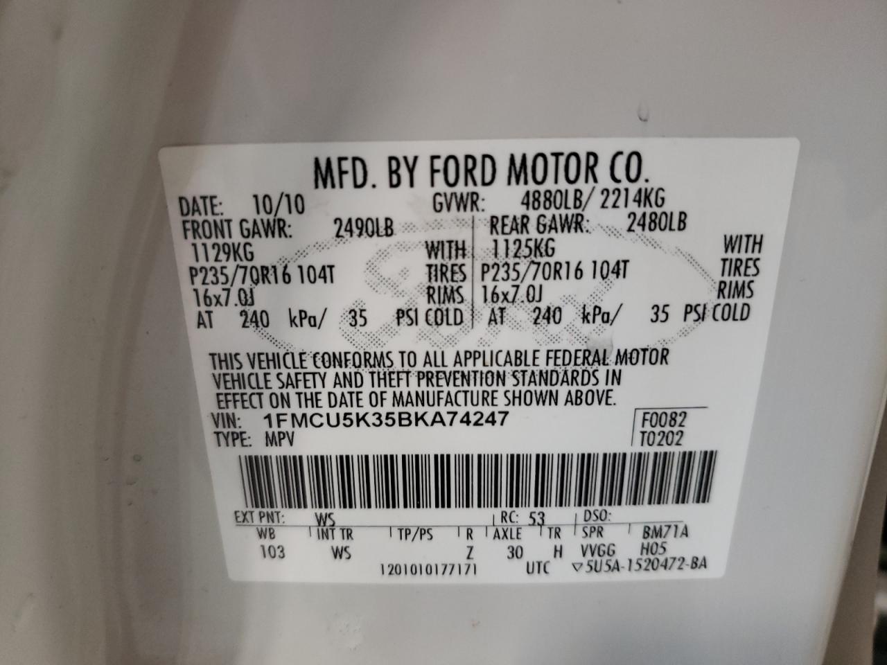 Photo 10 from auction – 2011 FORD ESCAPE HYB with VIN 1FMCU5K35BKA74247