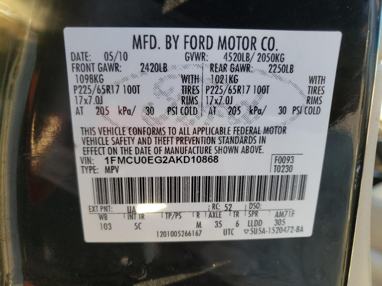Photo 10 from auction – 2010 FORD ESCAPE with VIN 1FMCU0EG2AKD10868