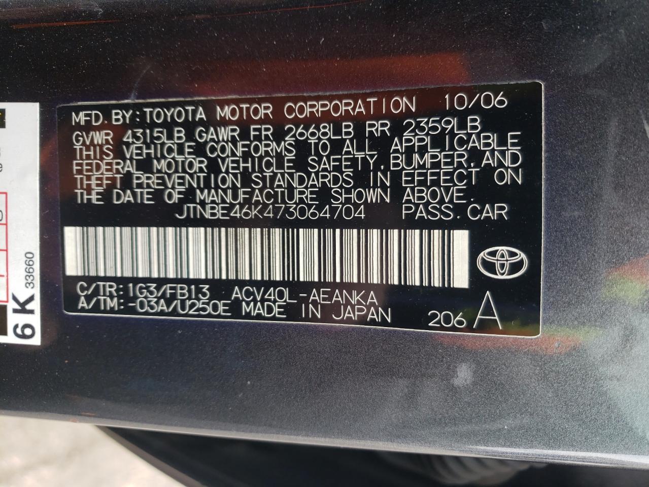 Photo 10 from auction – 2007 TOYOTA CAMRY CE with VIN JTNBE46K473064704