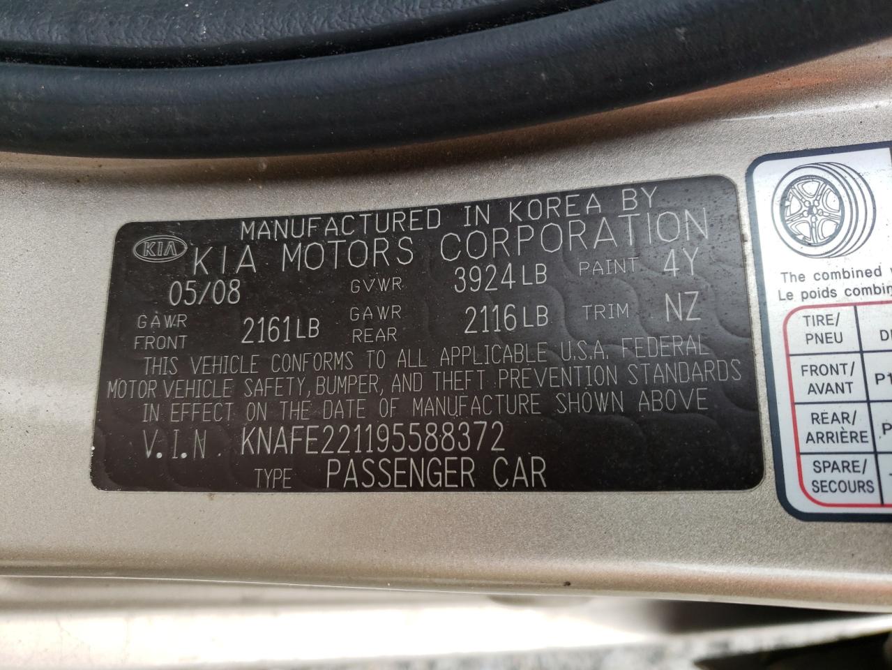 Photo 10 from auction – 2009 KIA SPECTRA EX with VIN KNAFE221195588372