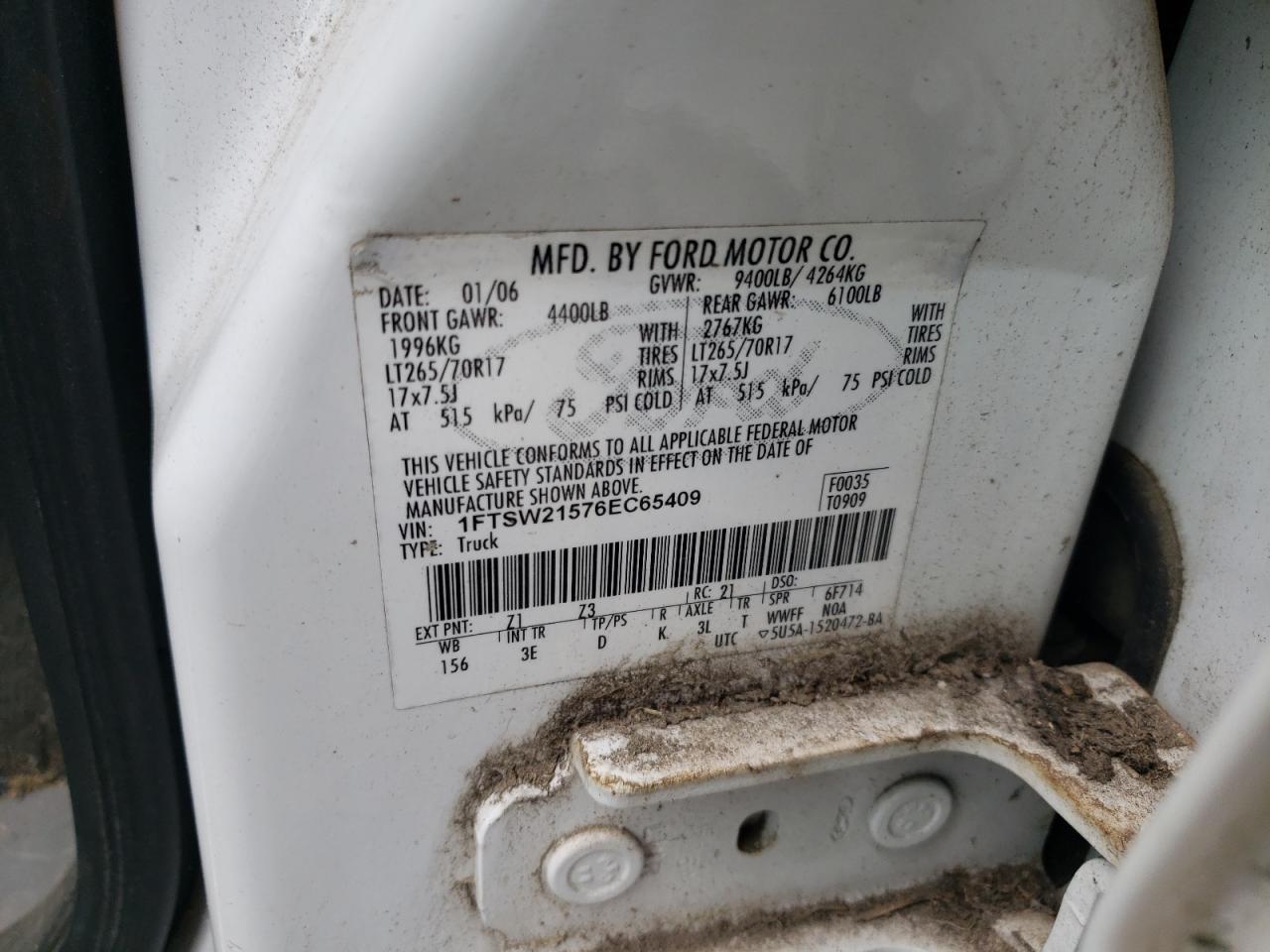 Photo 10 from auction – 2006 FORD F250 SUPER with VIN 1FTSW21576EC65409