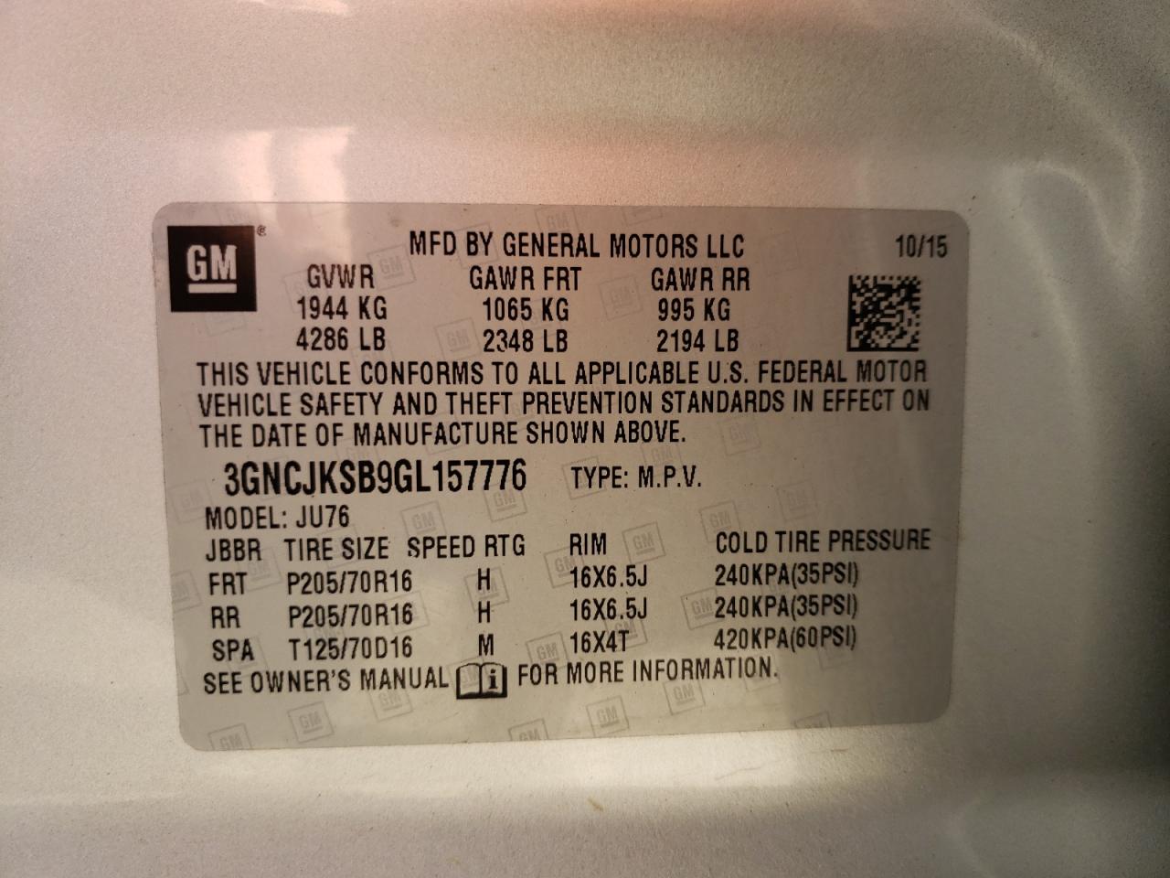 Photo 10 from auction – 2016 CHEVROLET TRAX LS with VIN 3GNCJKSB9GL157776