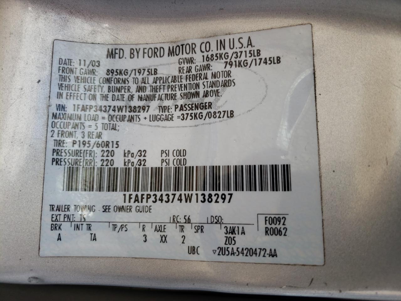 Photo 10 from auction – 2004 FORD FOCUS SE C with VIN 1FAFP34374W138297