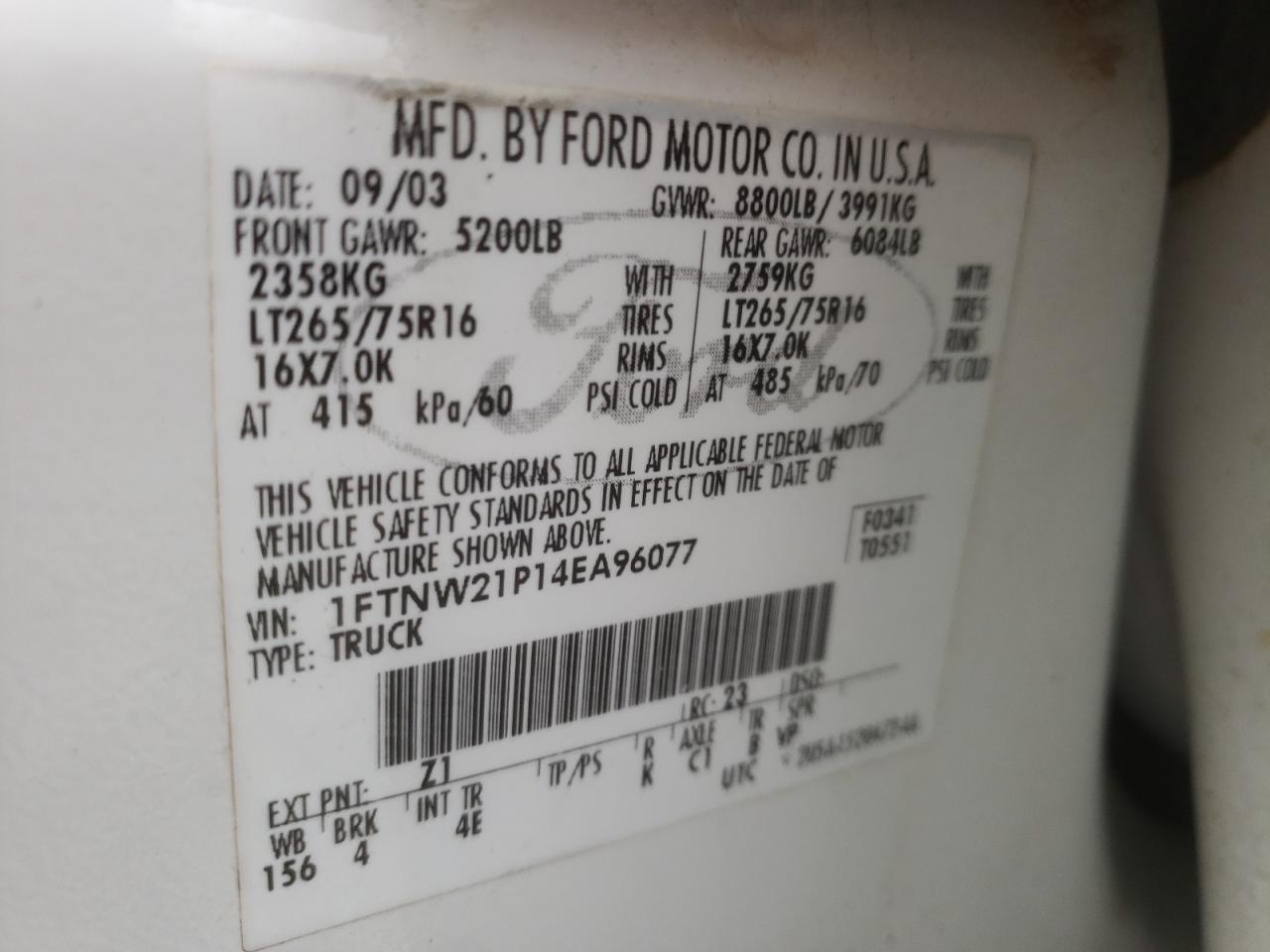 Photo 10 from auction – 2004 FORD F250 SUPER with VIN 1FTNW21P14EA96077