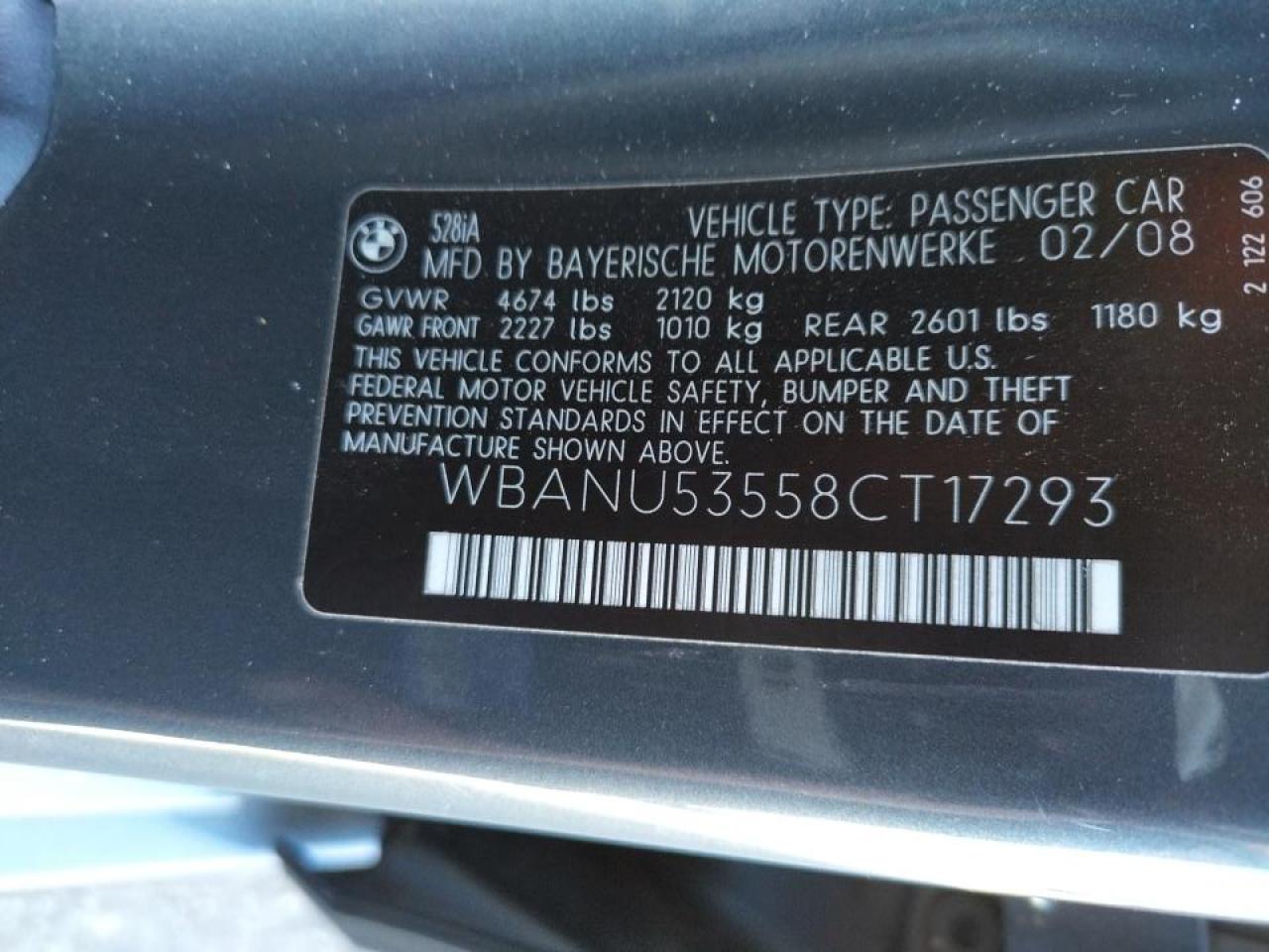 Photo 10 from auction – 2008 BMW 528 I with VIN WBANU53558CT17293