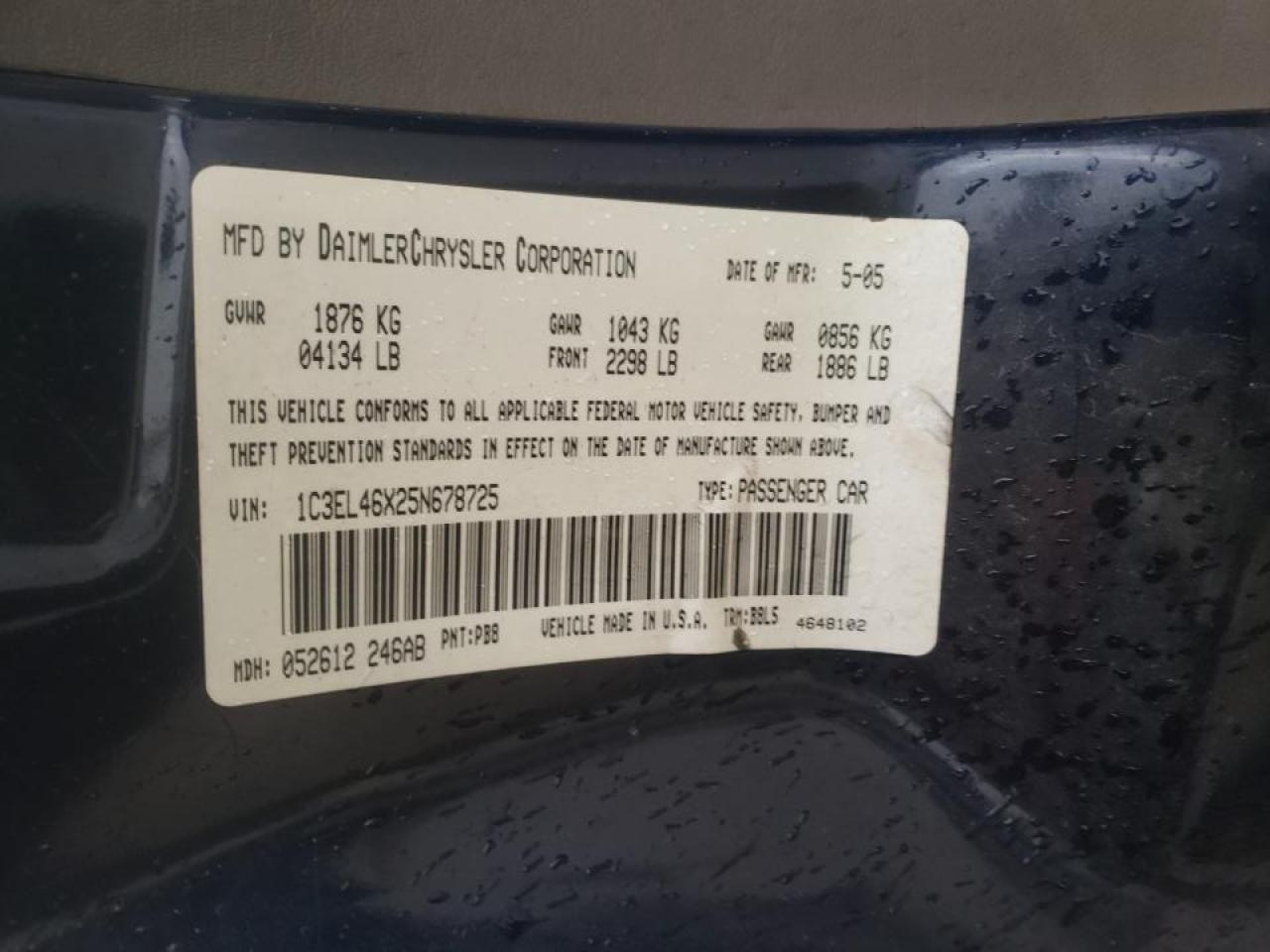 Photo 10 from auction – 2005 CHRYSLER SEBRING with VIN 1C3EL46X25N678725