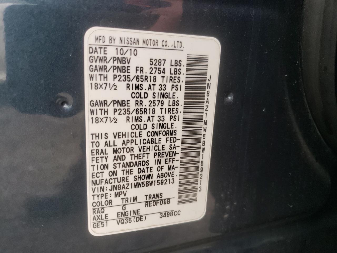 Photo 10 from auction – 2011 NISSAN MURANO S with VIN JN8AZ1MW5BW159213